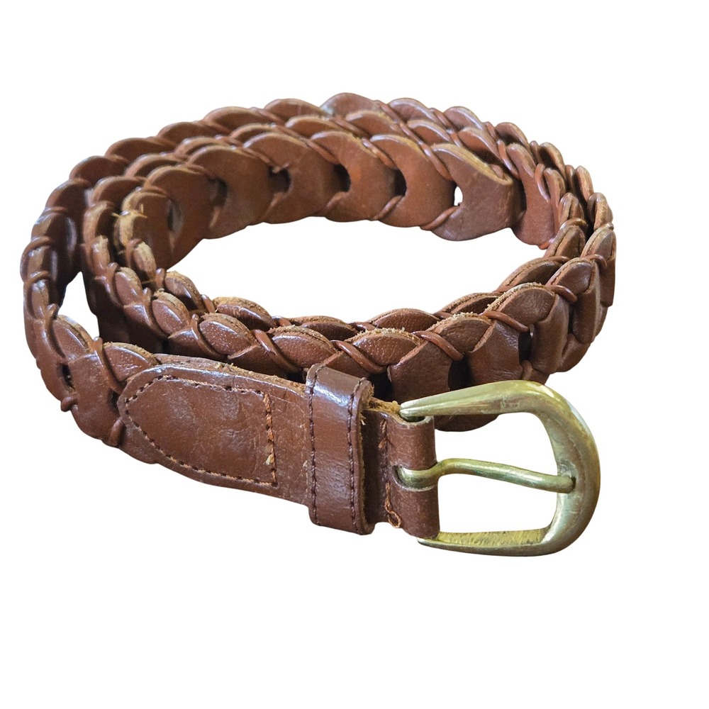 Vintage Brown Woven Genuine Leather Belt Gold Buckle Braided Boho India M 38"